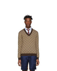 brauner bedruckter Pullover mit einem V-Ausschnitt von Gucci
