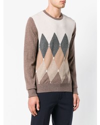 brauner Pullover mit einem Rundhalsausschnitt mit Argyle-Muster von Ballantyne