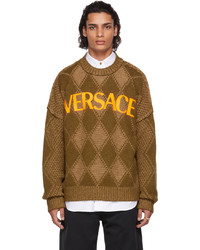 brauner Pullover mit einem Rundhalsausschnitt mit Argyle-Muster von Versace