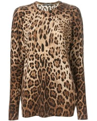 brauner Pullover mit einem Rundhalsausschnitt mit Leopardenmuster
