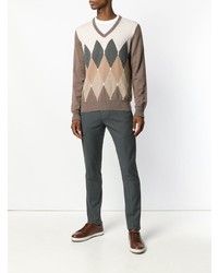 brauner Pullover mit einem V-Ausschnitt mit Argyle-Muster von Ballantyne