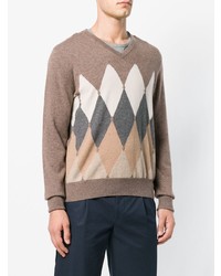 brauner Pullover mit einem V-Ausschnitt mit Argyle-Muster von Ballantyne