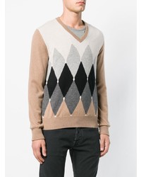 brauner Pullover mit einem V-Ausschnitt mit Argyle-Muster von Ballantyne