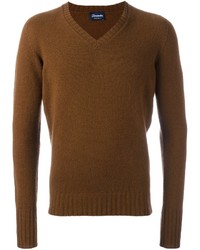 brauner Pullover mit einem V-Ausschnitt von Drumohr