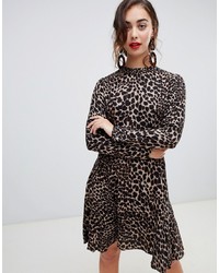 braunes ausgestelltes Kleid mit Leopardenmuster von Warehouse
