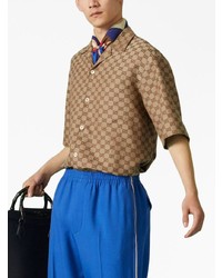 braunes bedrucktes Leinen Kurzarmhemd von Gucci