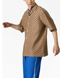 braunes bedrucktes Leinen Kurzarmhemd von Gucci