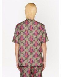 braunes bedrucktes Seide Kurzarmhemd von Gucci