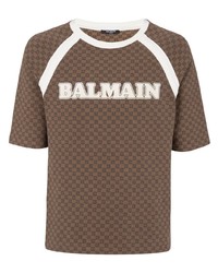 braunes bedrucktes T-Shirt mit einem Rundhalsausschnitt von Balmain