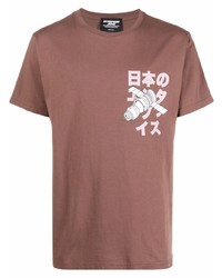 braunes bedrucktes T-Shirt mit einem Rundhalsausschnitt von Enterprise Japan
