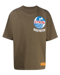 braunes bedrucktes T-Shirt mit einem Rundhalsausschnitt von Heron Preston