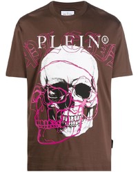 braunes bedrucktes T-Shirt mit einem Rundhalsausschnitt von Philipp Plein