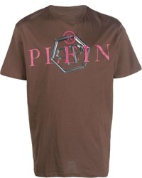 braunes bedrucktes T-Shirt mit einem Rundhalsausschnitt von Philipp Plein