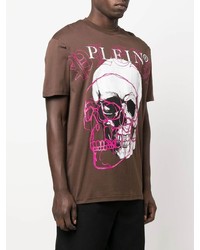 braunes bedrucktes T-Shirt mit einem Rundhalsausschnitt von Philipp Plein