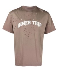 braunes bedrucktes T-Shirt mit einem Rundhalsausschnitt von Satisfy