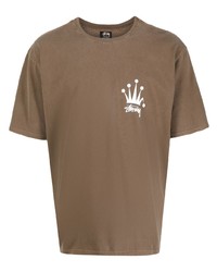 braunes bedrucktes T-Shirt mit einem Rundhalsausschnitt von Stussy