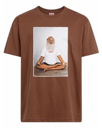 braunes bedrucktes T-Shirt mit einem Rundhalsausschnitt von Supreme