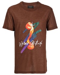braunes bedrucktes T-Shirt mit einem Rundhalsausschnitt von Viktor & Rolf