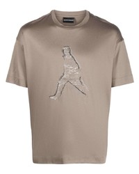 braunes besticktes T-Shirt mit einem Rundhalsausschnitt von Emporio Armani
