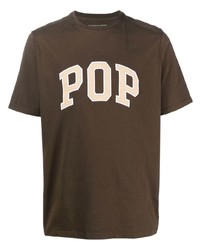 braunes besticktes T-Shirt mit einem Rundhalsausschnitt von Pop Trading Company