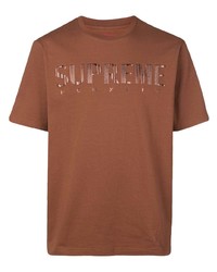 braunes besticktes T-Shirt mit einem Rundhalsausschnitt von Supreme