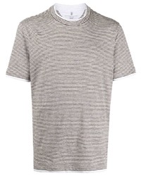 braunes horizontal gestreiftes T-Shirt mit einem Rundhalsausschnitt von Brunello Cucinelli