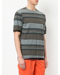 braunes horizontal gestreiftes T-Shirt mit einem Rundhalsausschnitt von Kolor