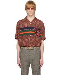 braunes Seide Kurzarmhemd mit Hahnentritt-Muster von Gucci