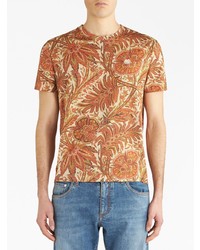 braunes T-Shirt mit einem Rundhalsausschnitt mit Blumenmuster von Etro