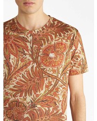 braunes T-Shirt mit einem Rundhalsausschnitt mit Blumenmuster von Etro