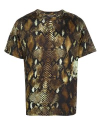 braunes T-Shirt mit einem Rundhalsausschnitt mit Schlangenmuster von Roberto Cavalli