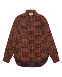 braunes Wolllangarmhemd mit Karomuster von Gucci