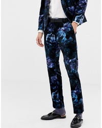 dunkelblaue Anzughose aus Samt mit Blumenmuster