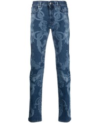 dunkelblaue bedruckte enge Jeans von Versace