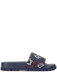dunkelblaue bedruckte Gummi Sandalen von Gucci
