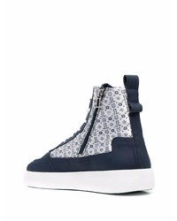 dunkelblaue bedruckte hohe Sneakers aus Leder von Leandro Lopes