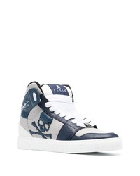 dunkelblaue bedruckte hohe Sneakers aus Leder von Philipp Plein