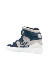 dunkelblaue bedruckte hohe Sneakers aus Leder von Philipp Plein