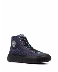 dunkelblaue bedruckte hohe Sneakers aus Segeltuch von Versace