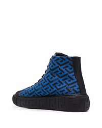 dunkelblaue bedruckte hohe Sneakers aus Segeltuch von Versace