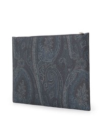 dunkelblaue bedruckte Leder Clutch Handtasche von Etro