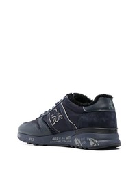 dunkelblaue bedruckte Leder niedrige Sneakers von Premiata