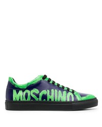 dunkelblaue bedruckte Leder niedrige Sneakers von Moschino