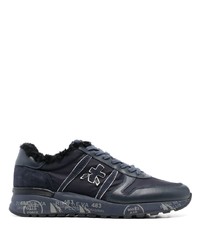 dunkelblaue bedruckte Leder niedrige Sneakers von Premiata