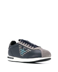 dunkelblaue bedruckte Leder niedrige Sneakers von Emporio Armani