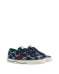 dunkelblaue bedruckte Segeltuch niedrige Sneakers von Gucci