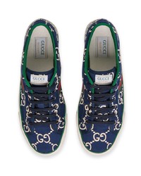 dunkelblaue bedruckte Segeltuch niedrige Sneakers von Gucci