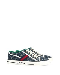 dunkelblaue bedruckte Segeltuch niedrige Sneakers von Gucci