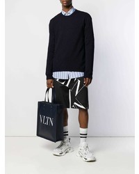 dunkelblaue bedruckte Shopper Tasche aus Leder von Valentino