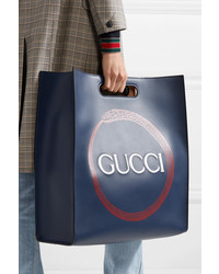 dunkelblaue bedruckte Shopper Tasche aus Leder von Gucci